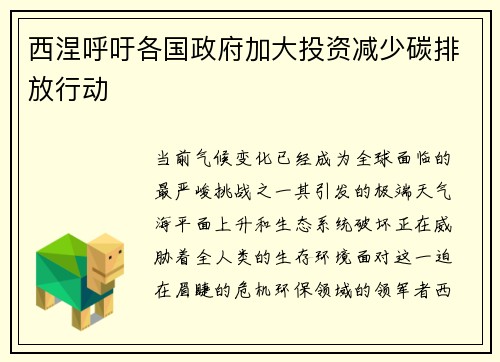 西涅呼吁各国政府加大投资减少碳排放行动